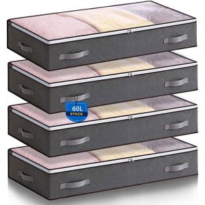 Lot De 4 Rangement Sous Lit Pliable 60L Sac De Rangement Vetement Boite De Rangement Sous Lit Avec Fen&ecirc;tre Transparente Closet