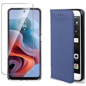 Coque pour Motorola Moto G56 5G Bleu Marine + Verre tremp&eacute; Etui Housse Portefeuille Vitre Protection Ecran
