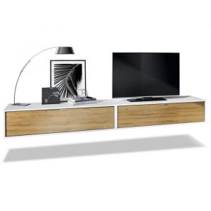 Vladon Ensemble de 2 set meuble TV Lana 120 armoire murale lowboard 120 x 29 x 37 cm caisson en Blanc mat façades en Chêne Nature