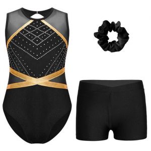 zdhoor 3 Pi&egrave;ces Enfant Fille Justaucorps Gymnastique Strass pour Danse Patinage Sport Gym Tenue sans Manches