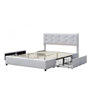 Lit 140x190 Blanc avec Sommier et Tête de Lit Capitonnée + 4 Tiroirs de Rangement