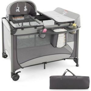GOPLUS Lit Parapluie Bébé 0 à 36 Mois-Lit Pliant Hauteur Réglable Parc Bébé 5 en 1-Table à Langer/Matelas/Sac Portable/Jouet Gris