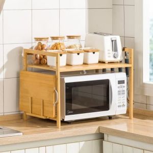 Support de Four à MicroOndes Meuble Rangement Cuisine Bamboo tagère Multifonction avec 4 Crochets 55 x 35 x 42cm BEIGE
