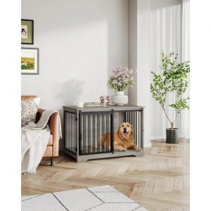 Cage pour Chien 100 cm Meuble Cage Chien Cage Chien Interieur avec Porte coulissante 2 Portes 100 x 60 x 68 cm Ivoire Clair