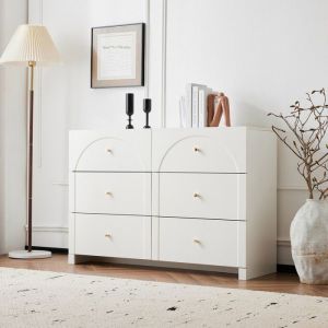 Grande Commode 120cm pour Salon - Commode 6 tiroirs - Arches Romantiques & Poign&eacute;es M&eacute;tal - Blanc Cr&egrave;me Luxe - Anti-Renversement