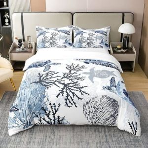 Parure de Lit Coton 240x260 Housse de Couette Turtle Ensemble de Literie de Tortue de Mer Blanc et Bleu 240x260 M HOUSSE DE COUETTE