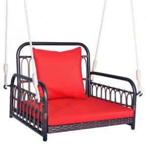 COSTWAY Fauteuil Chaise Suspendu en Rotin PE - 2 Cordes de Suspension Crochets Cadre en Métal Coussins - Porche Jardin - Rouge