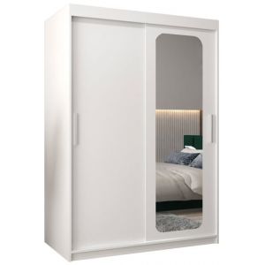 Armoire à 2 Portes Coulissantes - ABIKSMEBLE Promo 2 - avec miroir barre étagères 120x200x62cm Blanc Mat