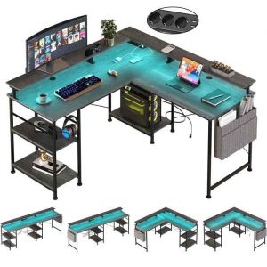 Bureau d&rsquo;angle en L avec rehausse &eacute;cran LED RGB prises USB et secteur bureau gaming et travail Gris