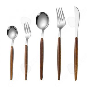 Couverts de table 30 Pi&egrave;ces  Ensemble de Couverts en Acier Inoxydable Ensemble de Couverts en Avec Manche en Bois pour 6 Argent