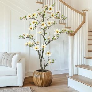 Plante Artificielle de Magnolia &agrave; Fleurs 180 cm  Haut Arbre Artificiel Avec Pot Blanc D&eacute;cor Pour Jardin Patio Maison Bureau