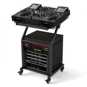 Rack Audio Professionnel &agrave; 2 Niveaux COSTWAY Support pour Table de Mixage DJ 9U Barres R&eacute;glables Roulettes Verrouillables