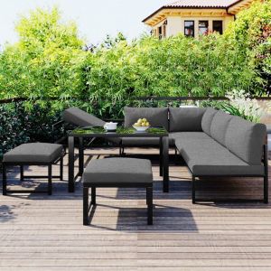 Salon de jardin en aluminium avec chaises canapés table et coussins 8 Places gris