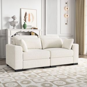 Canap&eacute; 2 Places en Velours C&ocirc;tel&eacute; Beige avec Assise Large Accoudoirs Gauche et Droit Design Moderne pour Salon