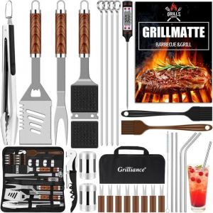 COZY - Ustensiles pour barbecue - 30 pcs kit BBQ inox premium avec pince mallette et tapis cadeau homme jardin marron