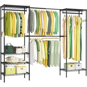 Portant à Vêtements Télescopique - HOMDOX - 4 Tringles 6 Étagères Ajustables 175/229x35x180cm avec Crochet Dressing Modulable Noir