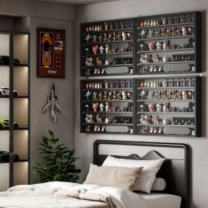 Vitrine murale pour objets de collection 5 &eacute;tag&egrave;re r&eacute;glables en hauteur et 2 portes coulissantes 80 x 95 x 60 cm noir