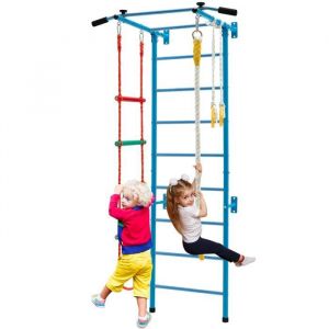 COSTWAY Espalier de Gymnastique Enfants Mur Escalade avec Barre de Traction Anneaux de Gym. - Échelle en Tricot - Trapèze Bleu