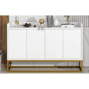 Buffet bas - REDOM - Minimaliste - 4 portes - Blanc - Bois et m&eacute;tal