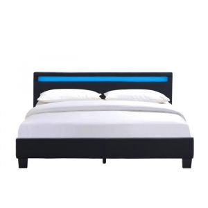 Lit adulte 160x200 avec Sommier + Tête de Lit LED Noir - PVC Simili Facile dEntretien