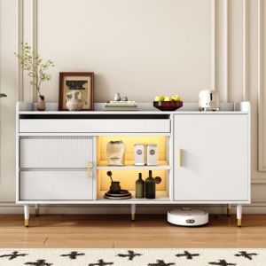 Buffet avec portes coulissantes en verre et éclairage LED - Commode indépendante en boisBlanc L140/P38/H76-HAUSS SPOLE