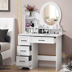 Coiffeuse - LED Miroir - 3 lumières types -5 etagères 4 tiroirs - moderne et unique - miroir rond - 80x40x137cm