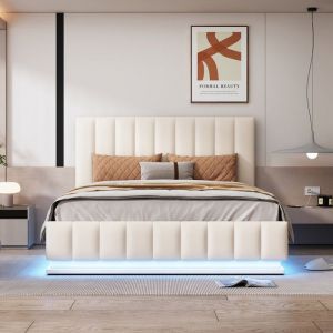 Lit 2 Personnes 140x200 cm avec LED Cadre de Lit Adulte avec Sommier &agrave; Lattes en M&eacute;Tal Lit Double avec T&ecirc;Te de Lit Blanc