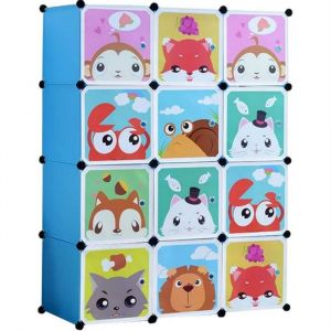 Armoire Penderie Plastique Enfants Bleu 12 Cubes Armoire Etag&egrave;re Meuble de Rangement Pour V&ecirc;tements Chaussures Jouets CartoMeuble