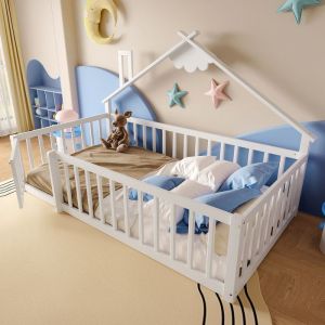 Lit au sol 90x190 cm lit enfant avec barrières de sécurité poussette avec barrières de sécurité sommier à lattes pin blanc
