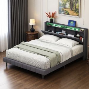 Lit Adulte 160x200 cm avec Rangement Tiroir de Chevet LEDs RGB Prises UE Sommier Lattes Lit Double en Tissu en Lin Gris Moderne