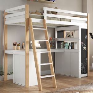 Lit mezzanine enfant 90x200 multifonction - &eacute;chelle bureau rangement tiroir tableau noir &eacute;tag&egrave;re - blanc & naturel