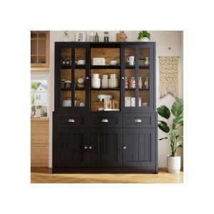 SOKERDY Buffet Cuisine Meuble Haut Cuisine 5 Portes 3 Tiroirs 9 Etag&egrave;res R&eacute;glables Armoire vitrine Nior 140x38.5x175 cm