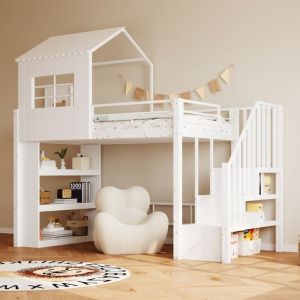 Lit mezzanine enfant - LEMONBEST - Design maison - 90&times;200 cm - M&eacute;tal blanc - Escalier avec rangements r&eacute;versible