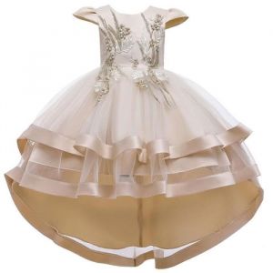 Robe Cérémonie Fille Demoiselle Enfant Jupe Loose Pétales Noeud Papillon au Dos Fleur Robe Filles 6-14 Ans - Kaki