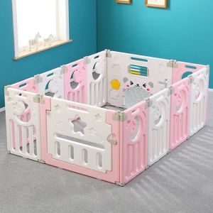 Parc Bébé Pilable 10 + 2 Panneaux d’Activité Porte Barrière Sécurité en Plastique Enfant Protection Couleur Rose et Blanc