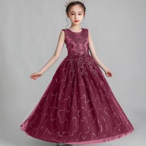 Robe de Soirée de Mariage Fille Sans Manches en Tulle Robe Princesse Cérémonie Pour 4-14 Ans