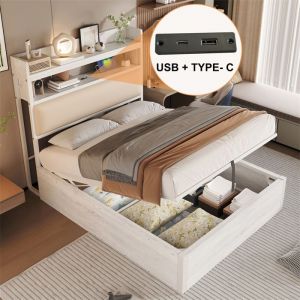 Lit Coffre 90x200 avec Sommier et Rangement Lit 1 Place avec Ports USB et Tête de Lit Capitonnée Lit Simple pour Adulte Ado