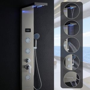 Colonne de Douche LED Multi-fonctionnel OBEEONR en Acier Inox avec Mitigeur Thermostatique et 5 Jets Pomme Haute