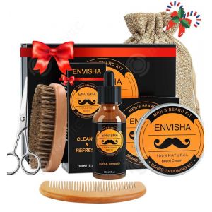 INN Kit barbe homme 6 pcs kit d&rsquo;entretien de barbe huile &agrave; barbe baume barbe ciseaux peigne barbe brosse &agrave; barbe sac cadeau coffret