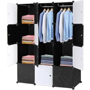 Armoire,Penderie Vetement,Étagères de Rangement,Armoire Modulable pour Chambre,en Plastique,Noir et Blanc,12 Cube