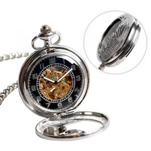 A Montre de poche mecanique vintage 37.5x4.7x1.5cm a clapet avec cadran squelette mouvement a remontage manuel gravure decorative