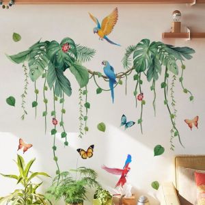 Sticker mural - Plantes tropicales - Perroquet et feuilles - Arbre - Oiseau - Plantes suspendues - Vert - D&eacute;coration Multi STICKERS