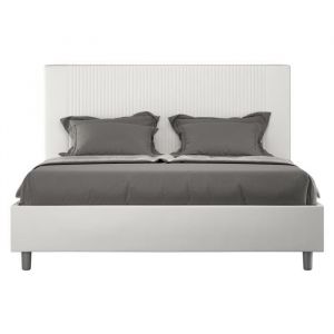 Lit moderne 140x190 cm avec tête de lit rayures verticales matelassé simili cuir blanc Bazen Sans sommier et sans coffre