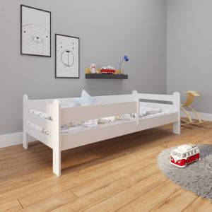 Lit enfant 180x80 cm en bois avec sommier - Barrière de lit inclus -  Lit simple fille garçon - Style scandinave - Blanc