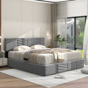 KoDise Lit coffre 140x200 cm Lit capitonné Lit double - avec tête de lit réglable en hauteur - tissu velours - gris - sans matelas