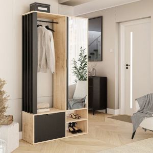 Vestiaire avec Miroir MILO - Porte-Manteau avec Meuble à Chaussures et Étagères - Artisan Chêne/Noir - 100 x 33 x 190 cm