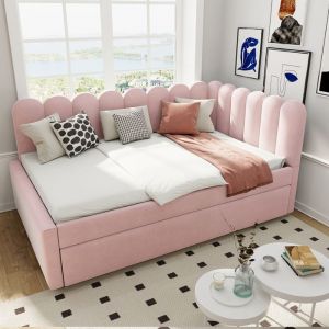 Lit Gigogne 140x200cm Lit de jour Lit plat Lit Banquette  rembourré velours rose dossier fleuri lit gigogne
