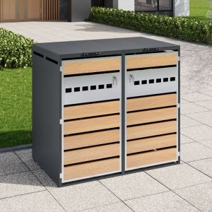 Cache Poubelles de Jardin pour 2 poubelles Couvercle &agrave; Rabat Ventilation horizontale perfor&eacute;e M&eacute;tal Gris + Bois