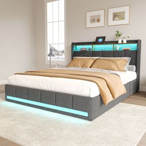 Lit Coffre Capitonn&eacute; 160x200 avec LedLit Rembourr&eacute; avec 4 tiroirLits Pour Adulte CoffreLit 2 PersonnesGrisLin