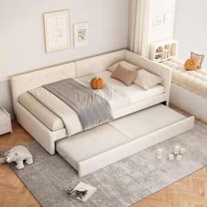 Lit gigogne adulte 2 places 90x200cm Lit enfant Canapé-lit Lit rembourré simple avec Sommier à lattes - beige